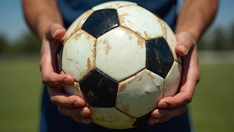 Ballon de football ancien et usagé tenu dans les mains