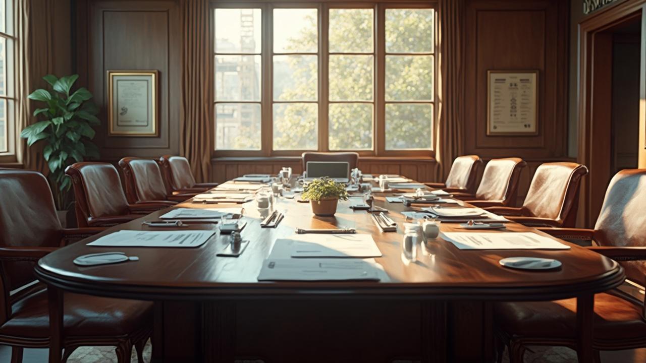 Une salle de réunion luxueuse avec de grands meubles en bois et des fenêtres baignées de lumière.