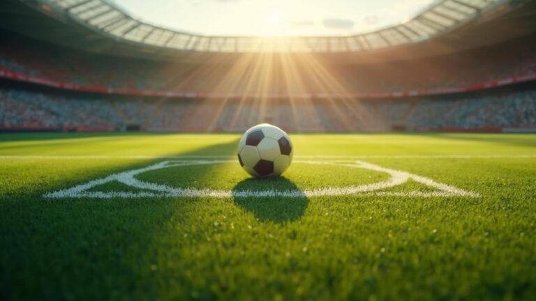 Terrain de football vert avec ballon au centre sous des rayons de soleil