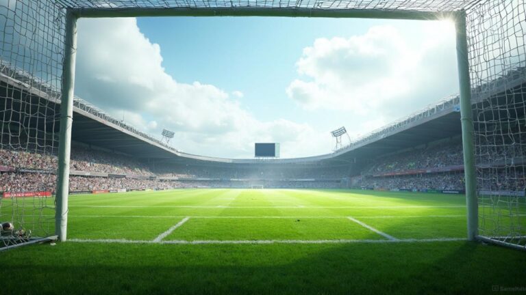 Vue d'un vaste stade de football avec un terrain vert et des gradins remplis.