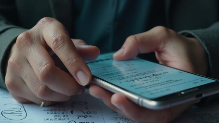 Gros plan sur les mains tenant un téléphone portable et des documents